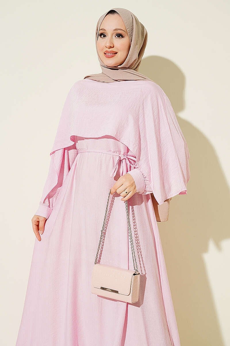 Asimetrik Omuz Parçalı Elbise Pembe