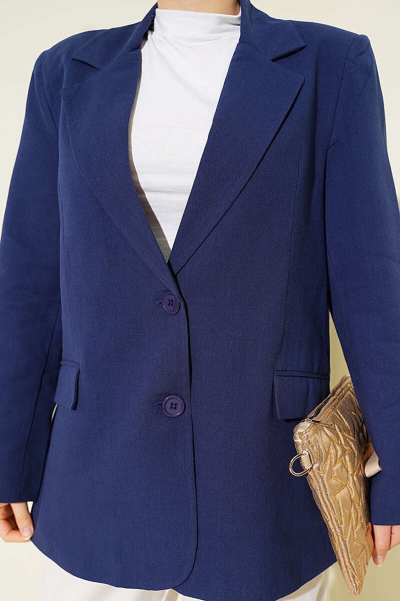 Astarı Çizgili Keten Blazer Ceket Lacivert