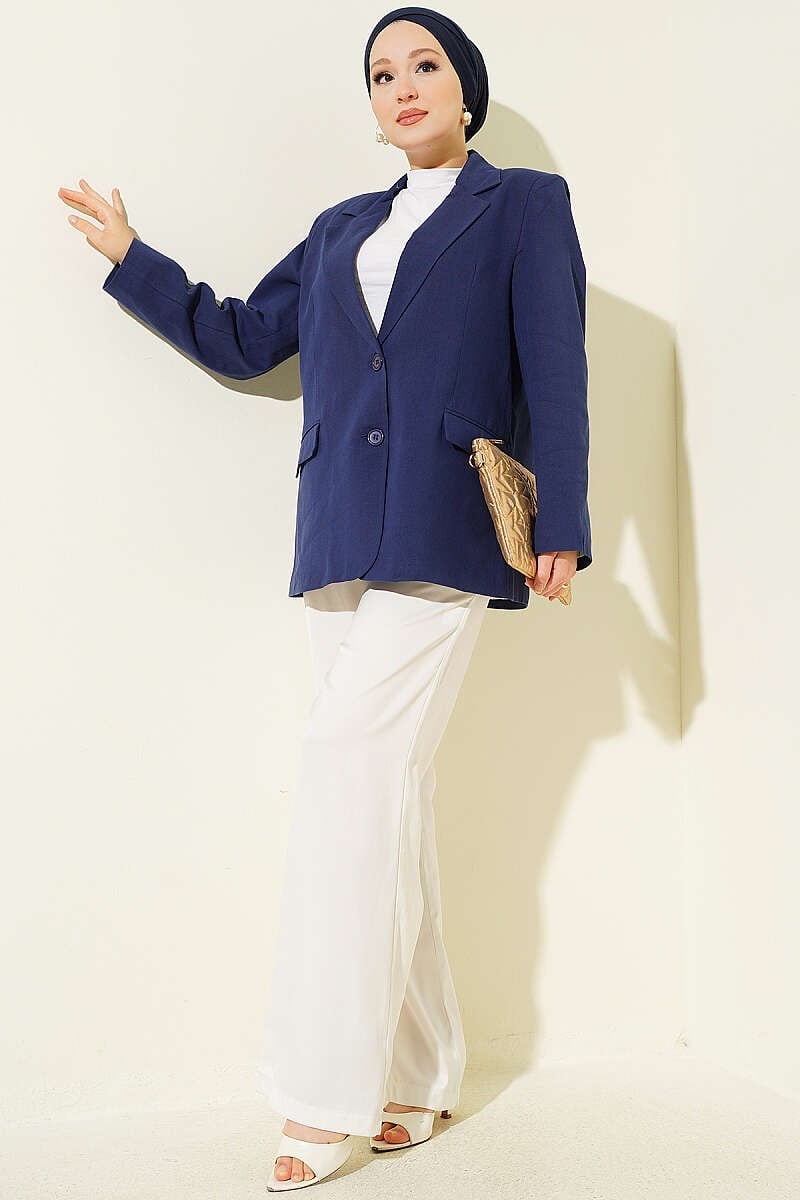 Astarı Çizgili Keten Blazer Ceket Lacivert