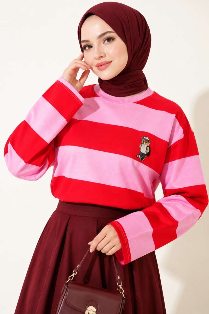 Ayıcık Baskılı Çizgili Tunik Pembe