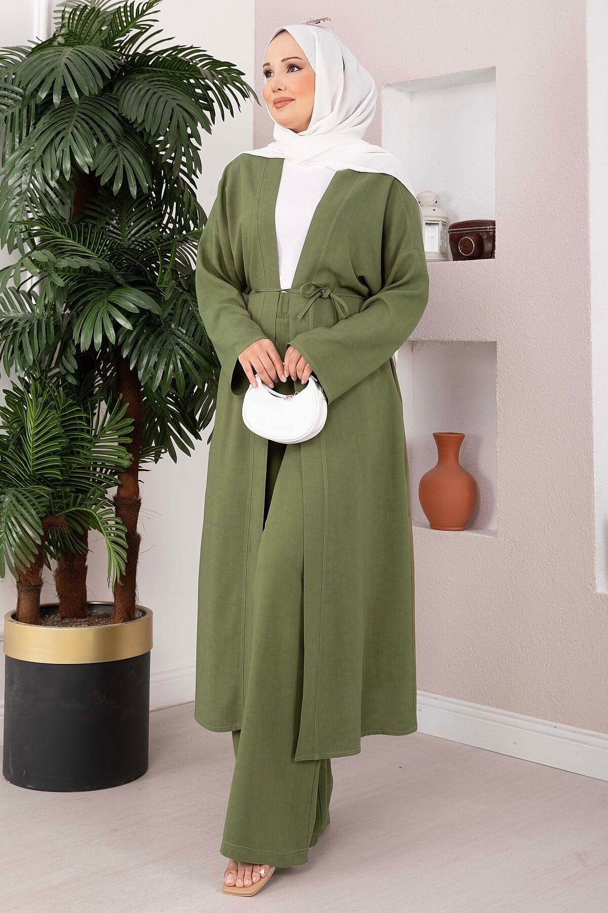 Bağcıklı Uzun Kimono Pantolon Takım Haki