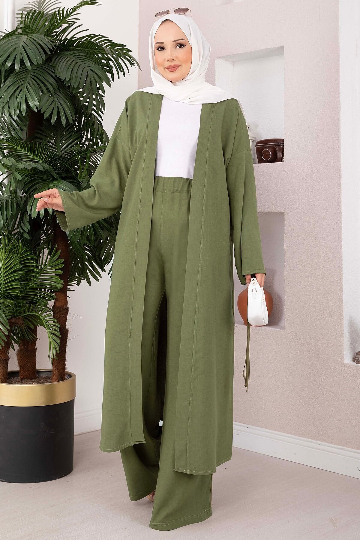 Bağcıklı Uzun Kimono Pantolon Takım Haki