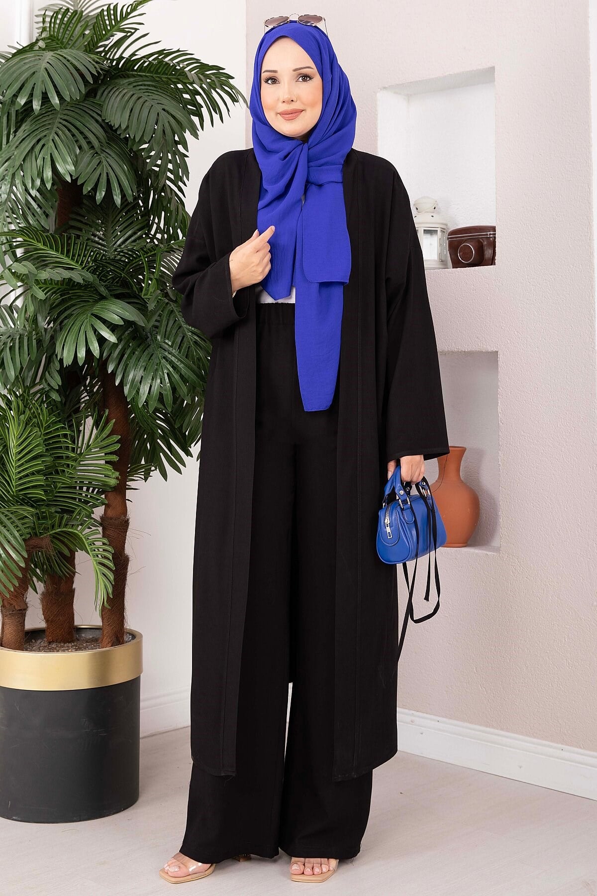 Bağcıklı Uzun Kimono Pantolon Takım Siyah