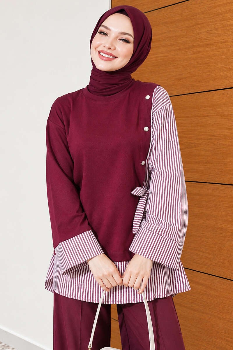 Bağlamalı Çizgi Garnili Tunik Mürdüm