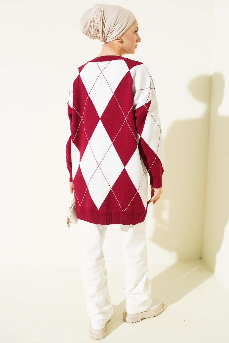 Baklava Desenli Basic Triko Tunik Bordo