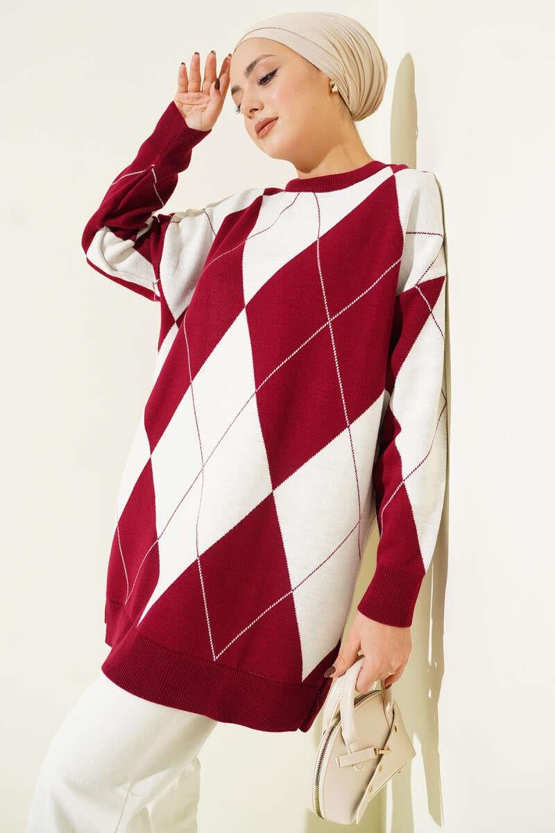 Baklava Desenli Basic Triko Tunik Bordo