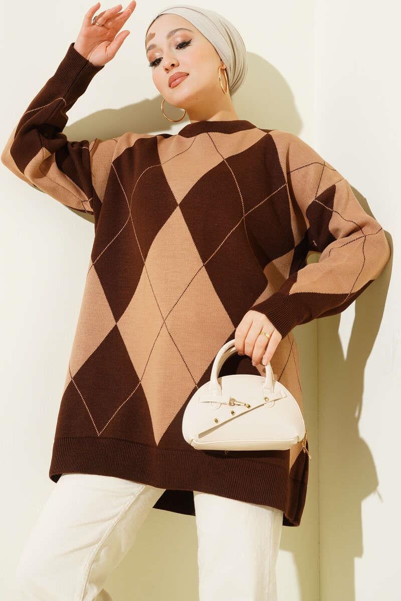 Baklava Desenli Basic Triko Tunik Kahve