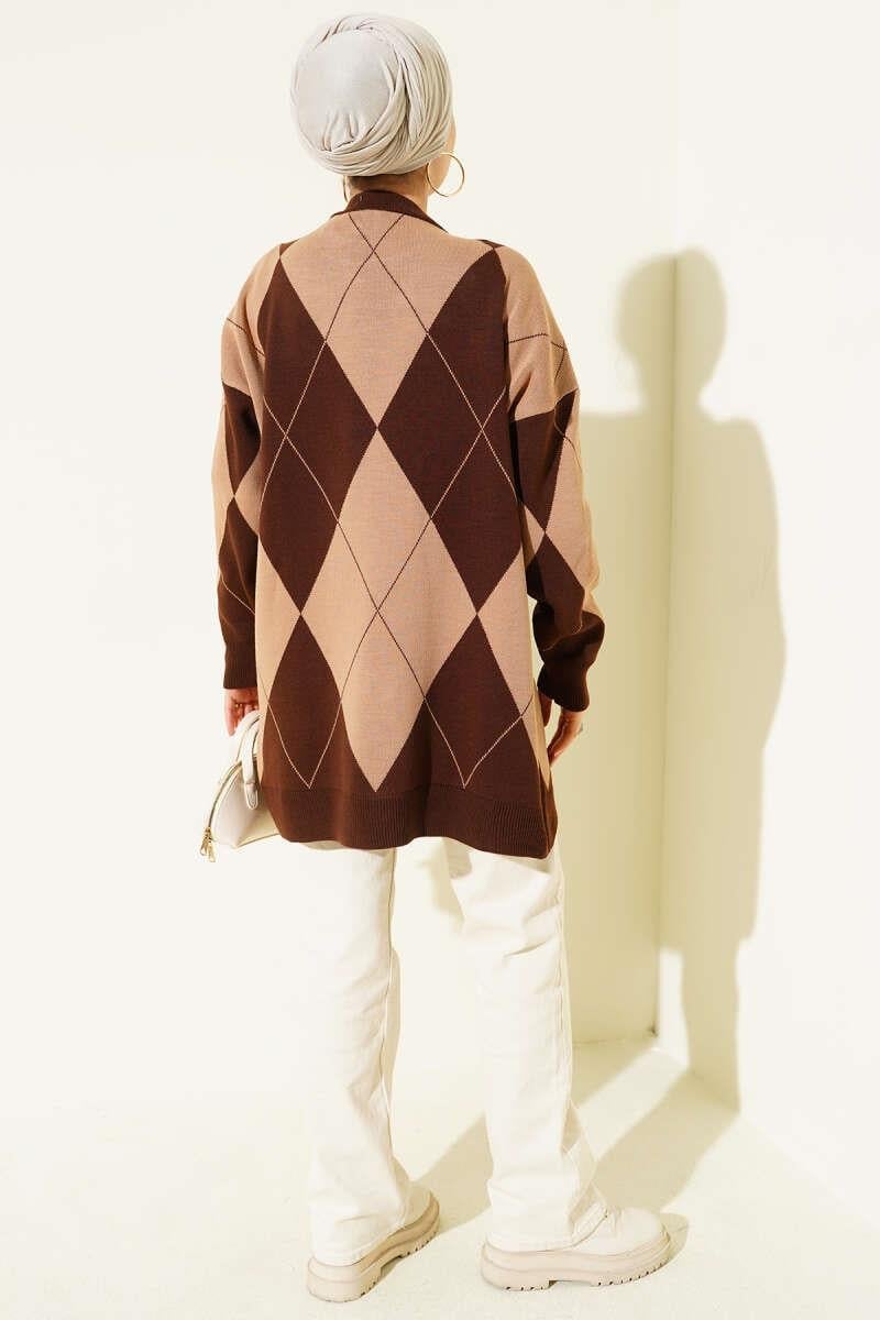 Baklava Desenli Basic Triko Tunik Kahve