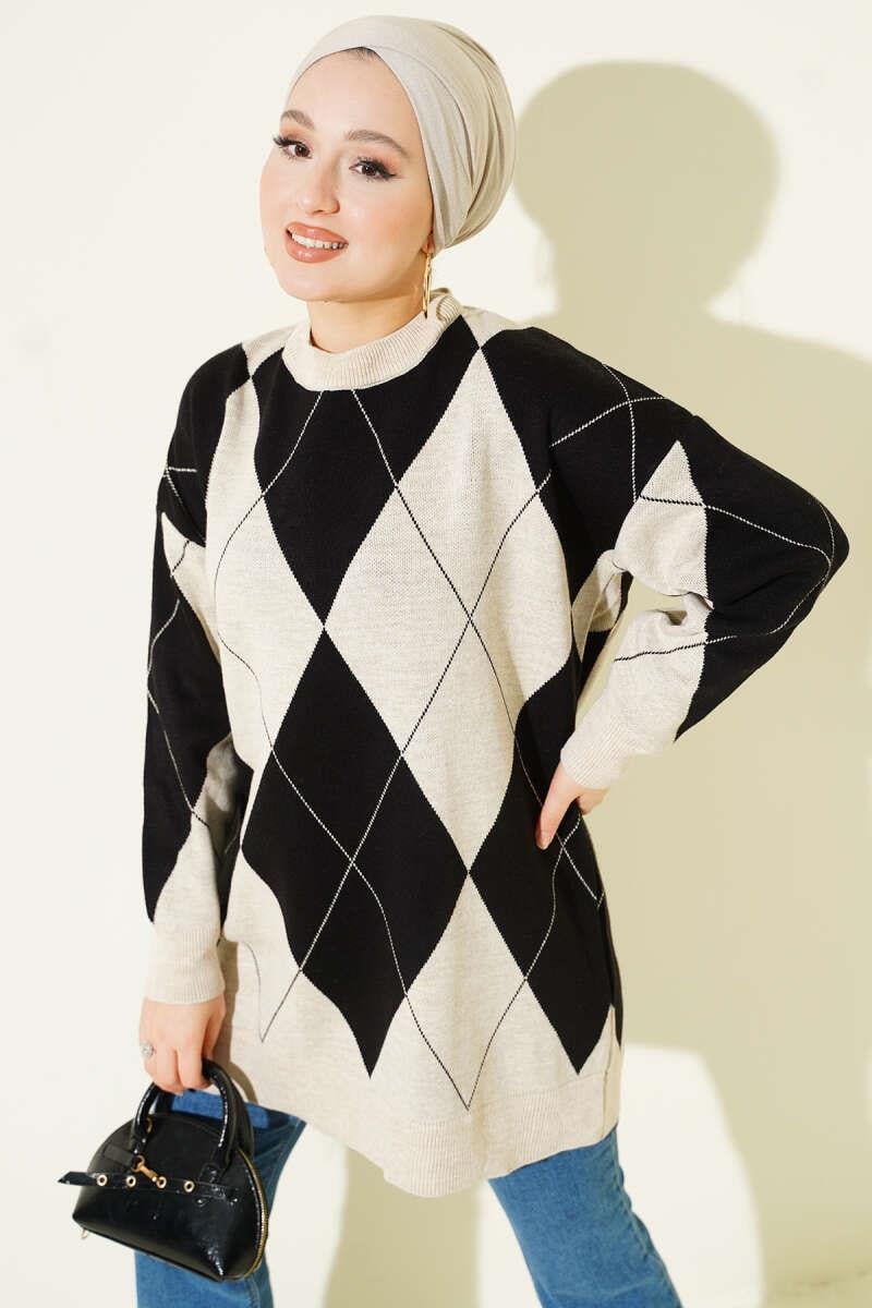Baklava Desenli Basic Triko Tunik Taş