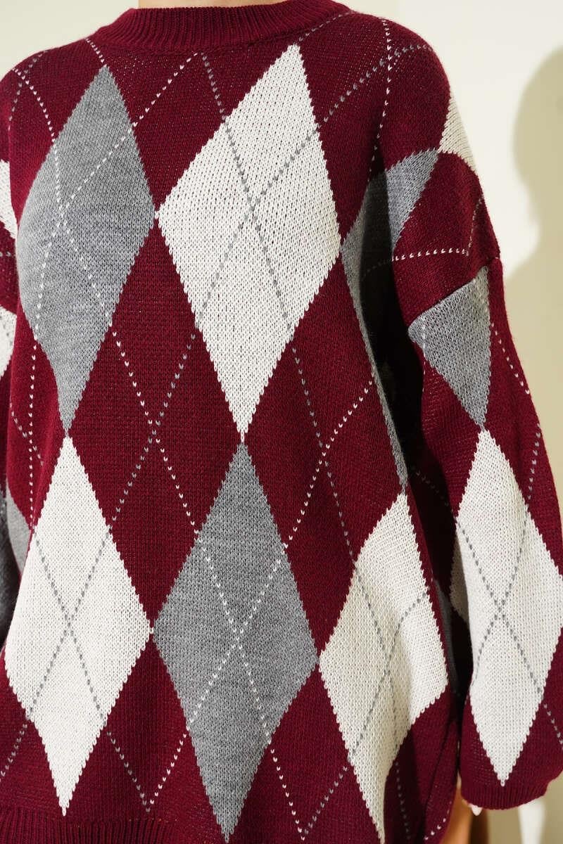Baklava Desenli Triko Tunik Bordo