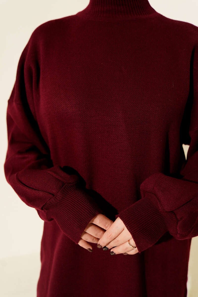 Balıkçı Yaka Balon Kol Triko Tunik Bordo