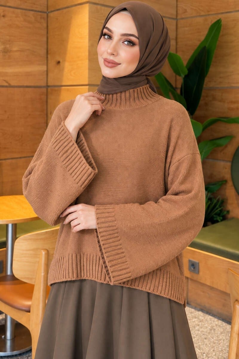 Balıkçı Yaka Geniş Kollu Kazak Latte