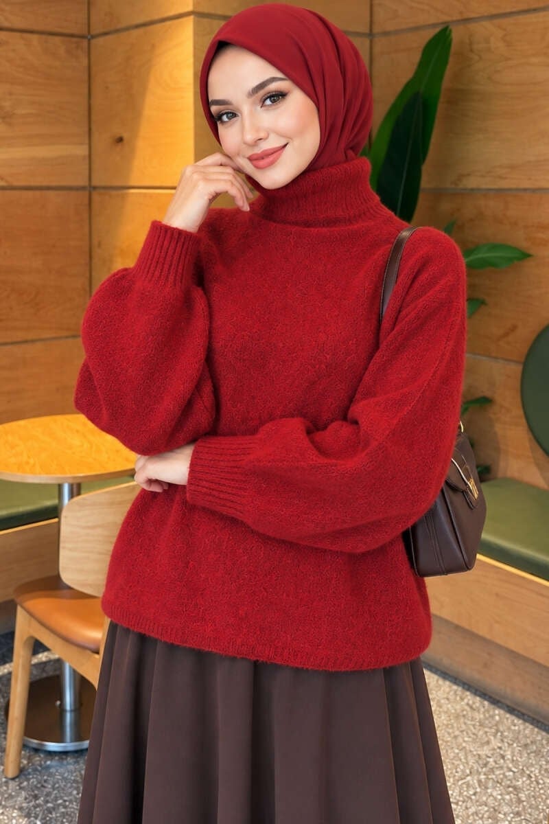 Balıkçı Yaka Oversize Triko Kazak Bordo