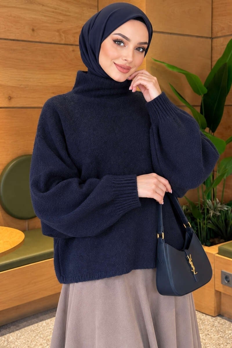 Balıkçı Yaka Oversize Triko Kazak Lacivert