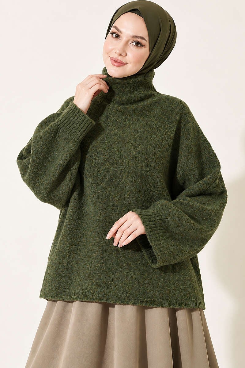 Balıkçı Yaka Oversize Triko Kazak Yeşil