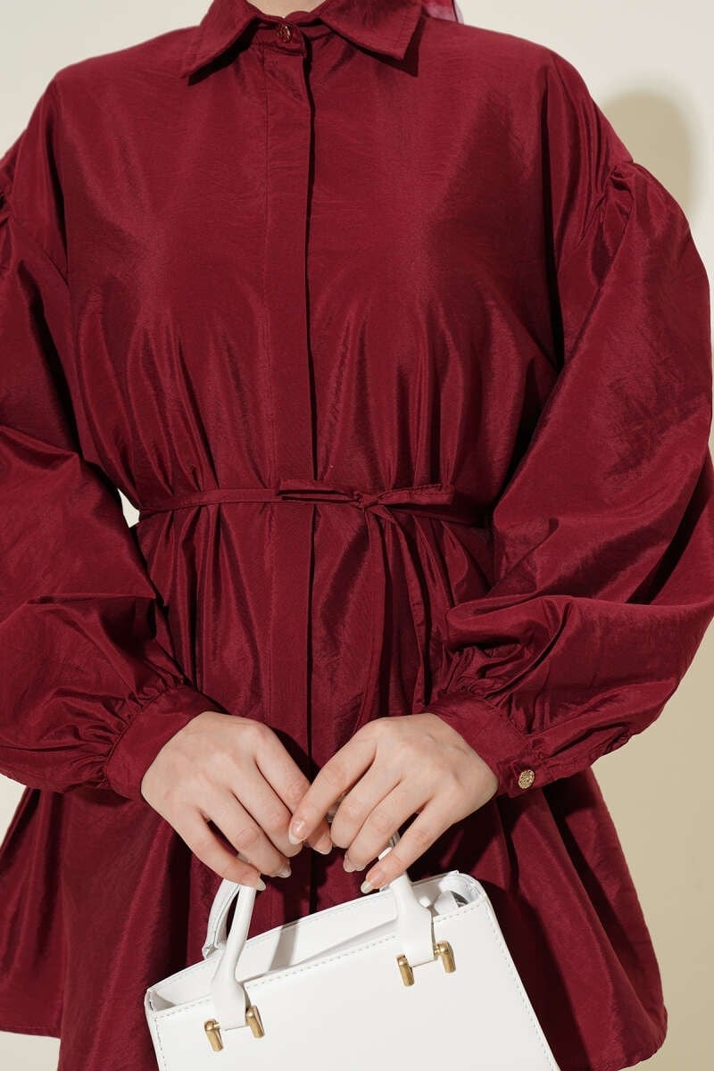 Balon Kol Gizli Düğmeli Paraşüt Gömlek Bordo
