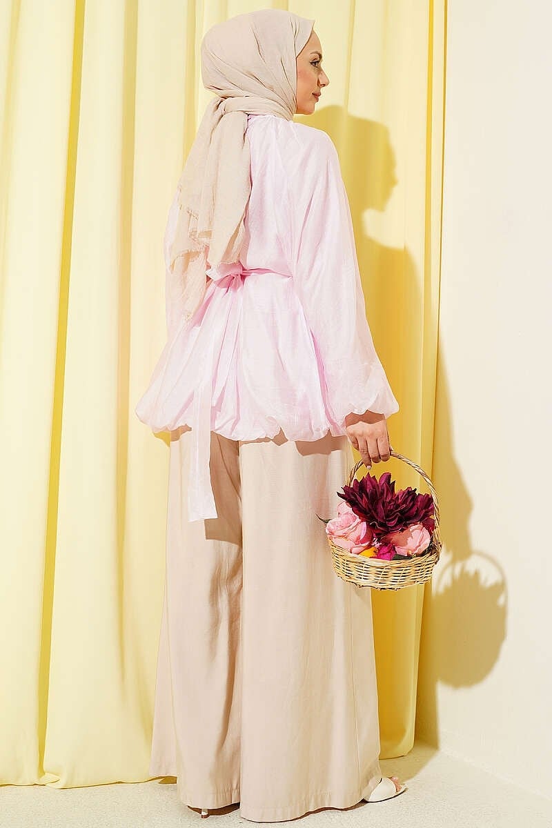 Balon Kol Gold Tokalı Kuşaklı Tunik Pembe