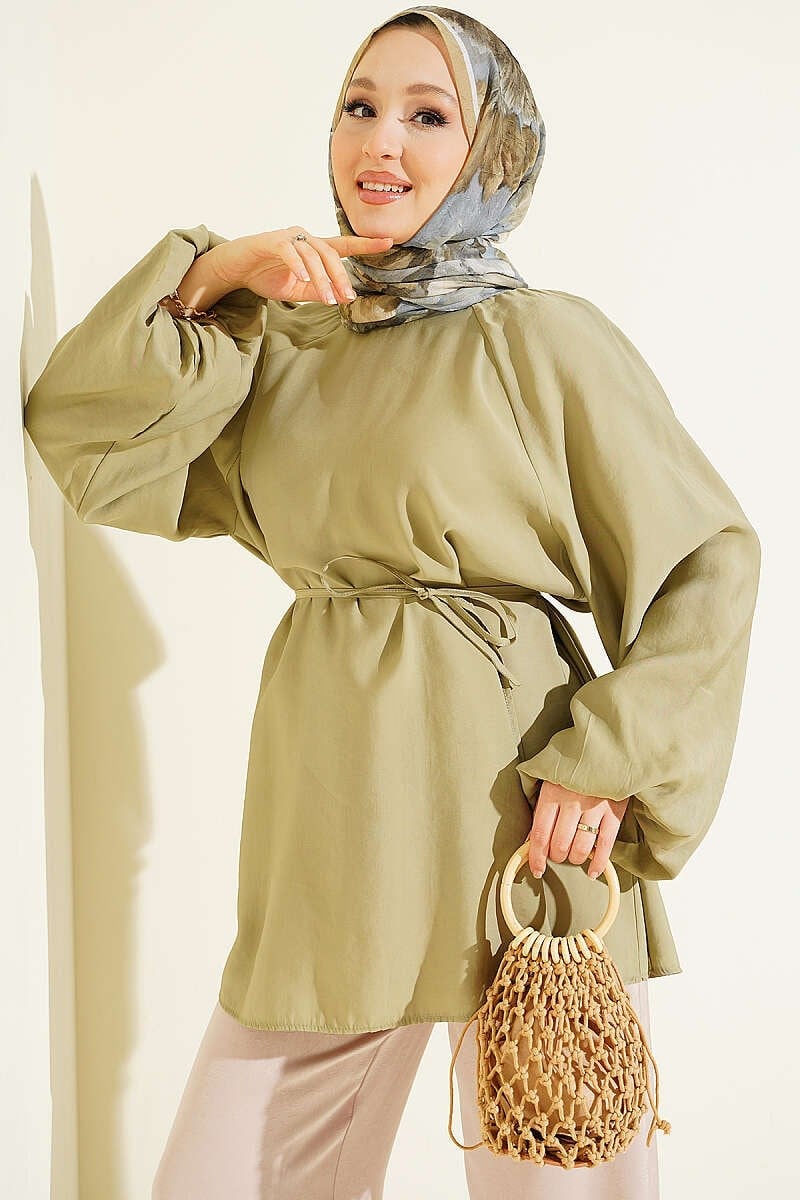 Balon Kol Tensel İp Kuşaklı Tunik Haki