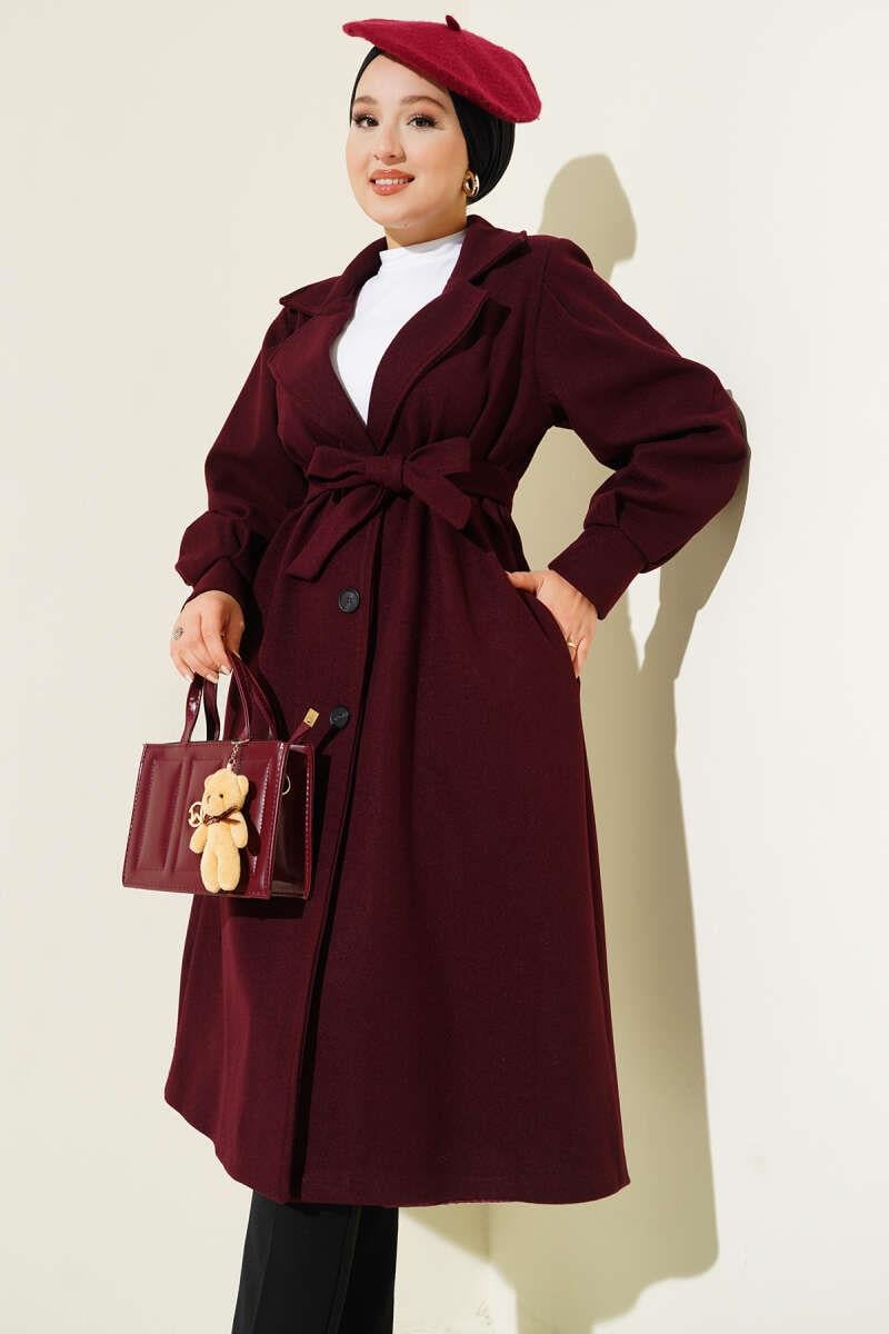 Balon Kollu Uzun Model Bordo Kaşe Kaban