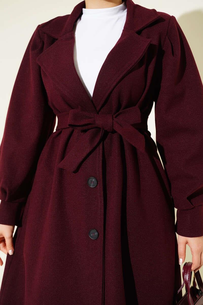 Balon Kollu Uzun Model Bordo Kaşe Kaban