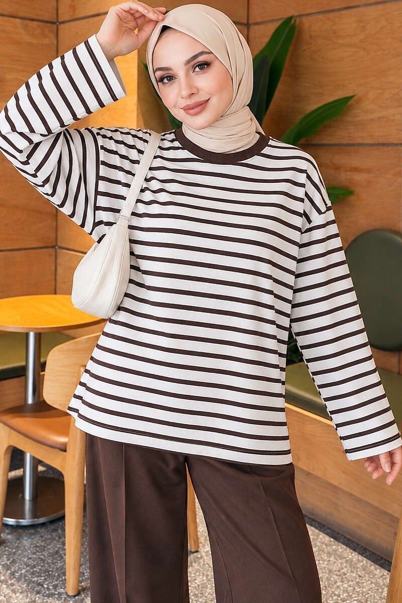 Basic Bisiklet Yaka Çizgili Tunik Kahve
