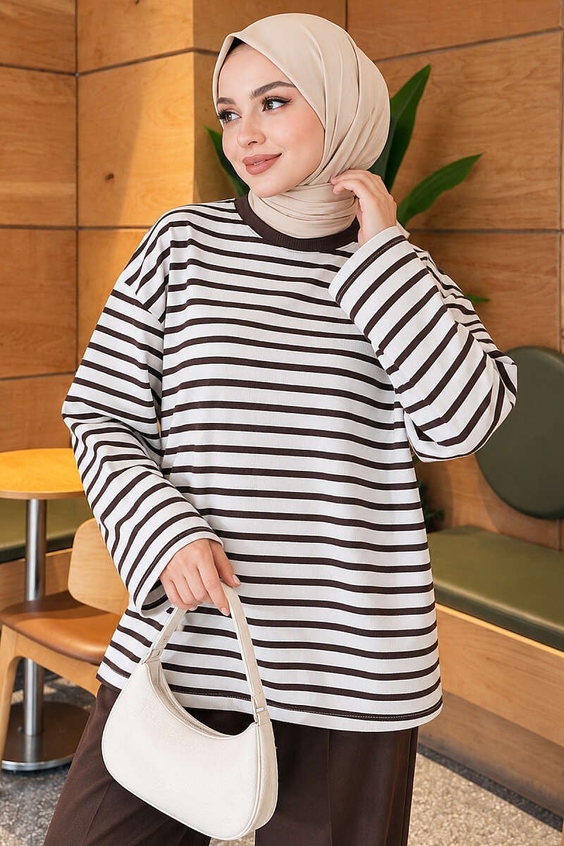 Basic Bisiklet Yaka Çizgili Tunik Kahve
