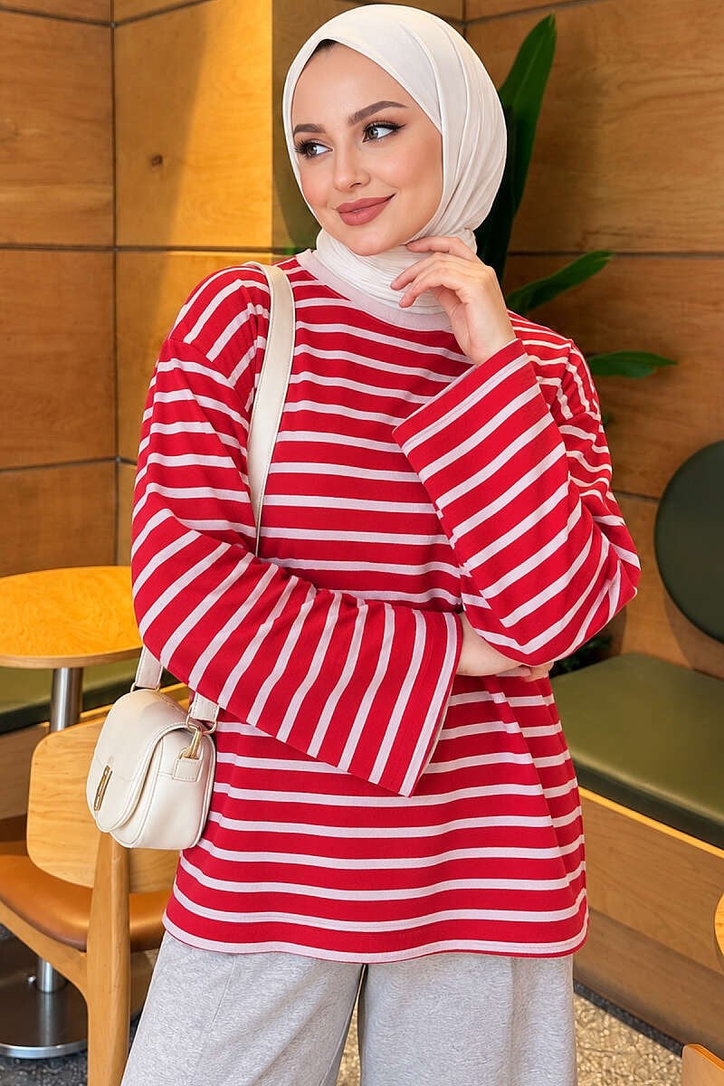 Basic Bisiklet Yaka Çizgili Tunik Kırmızı
