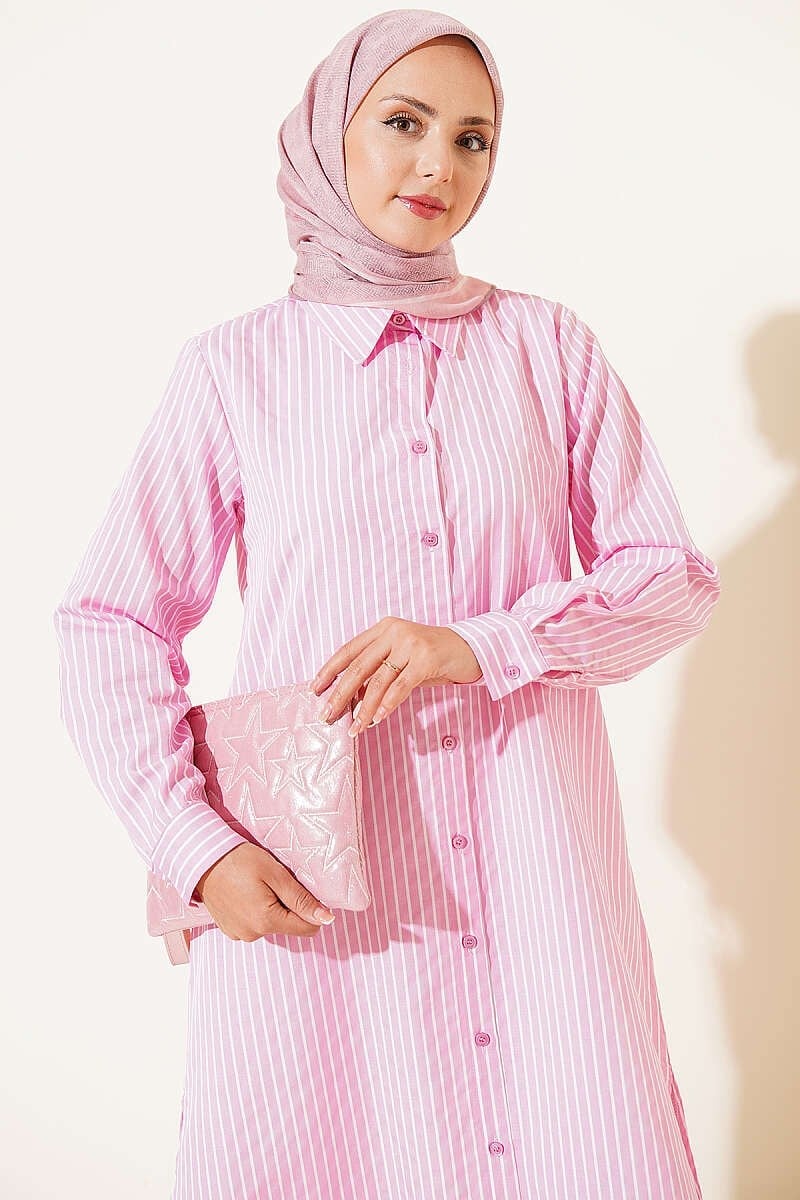 Basic Çizgili Uzun Tunik Pembe