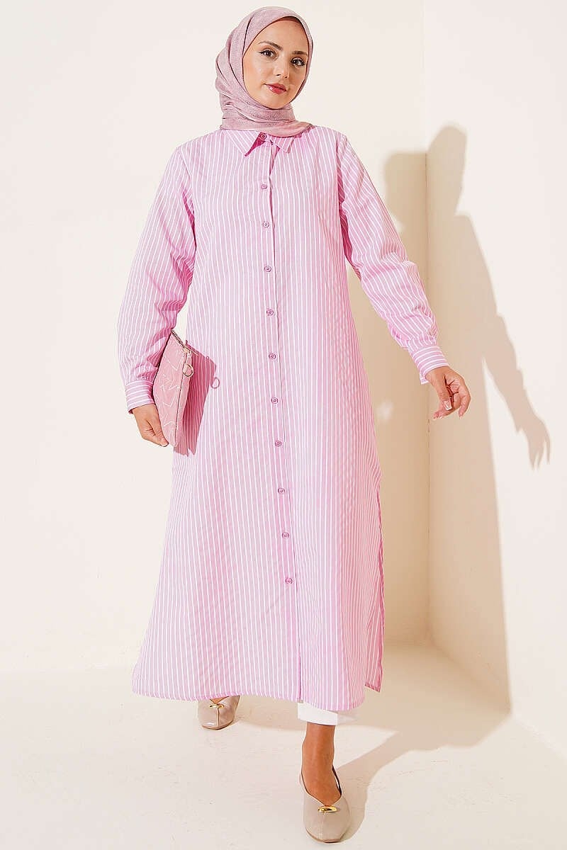 Basic Çizgili Uzun Tunik Pembe