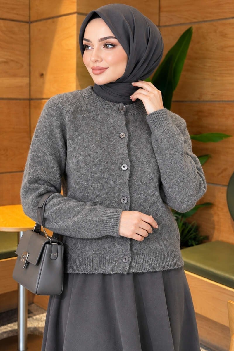 Basic Düğmeli Triko Hırka Füme