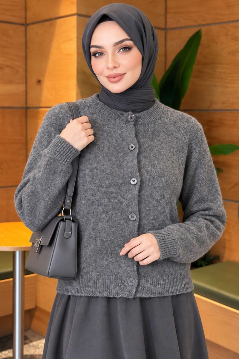Basic Düğmeli Triko Hırka Füme