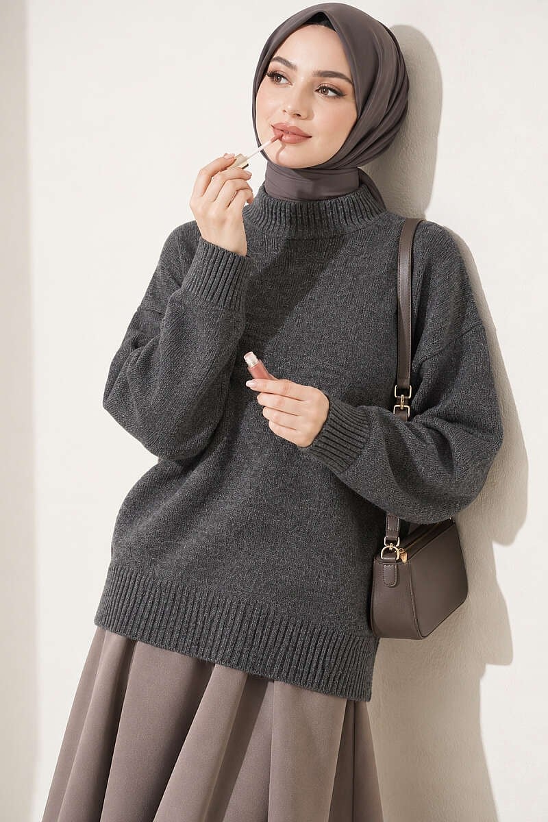 Basic Düşük Kollu Triko Tunik Füme