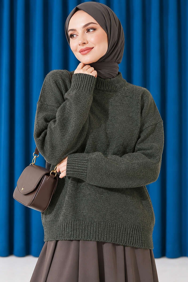 Basic Düşük Kollu Triko Tunik Haki