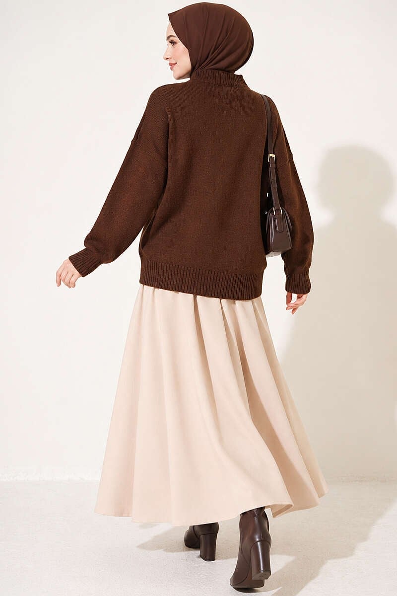 Basic Düşük Kollu Triko Tunik Kahve