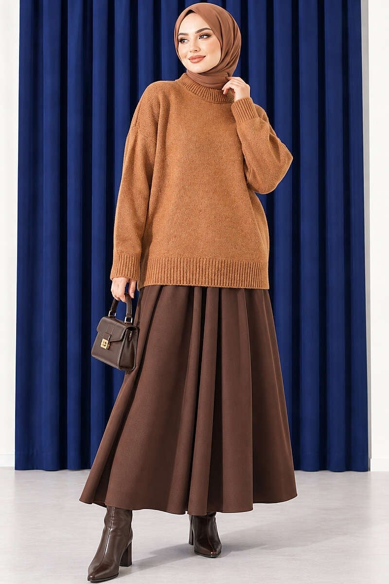 Basic Düşük Kollu Triko Tunik Taba