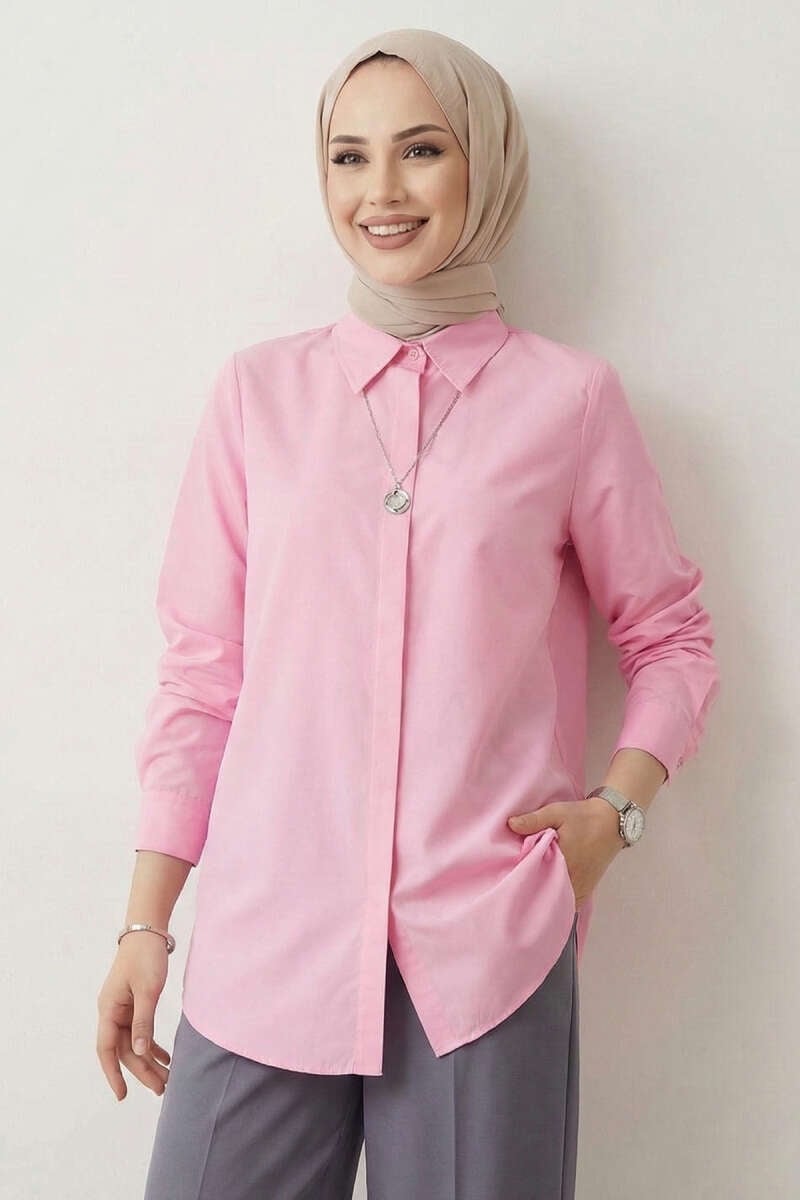 Basic Gizli Düğmeli Gömlek Pembe