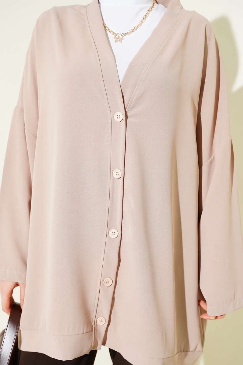 Basic Oversize Düğmeli Hırka Bej