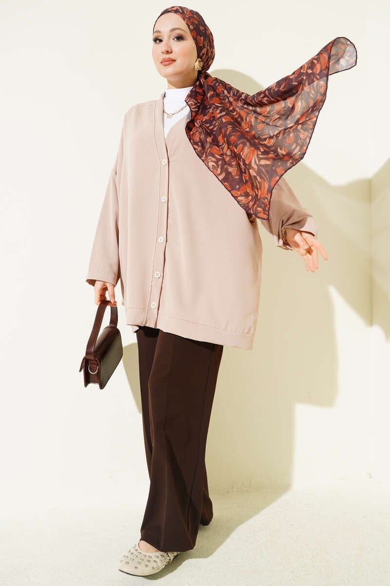 Basic Oversize Düğmeli Hırka Bej