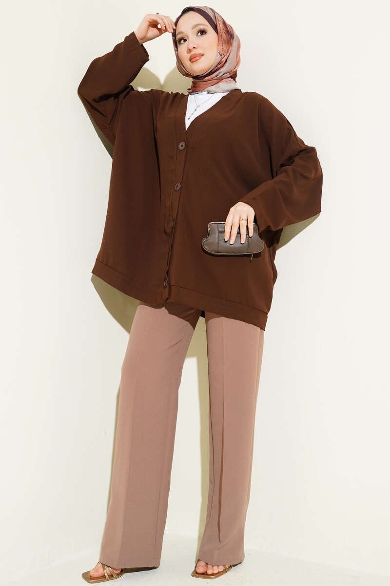 Basic Oversize Düğmeli Hırka Kahve