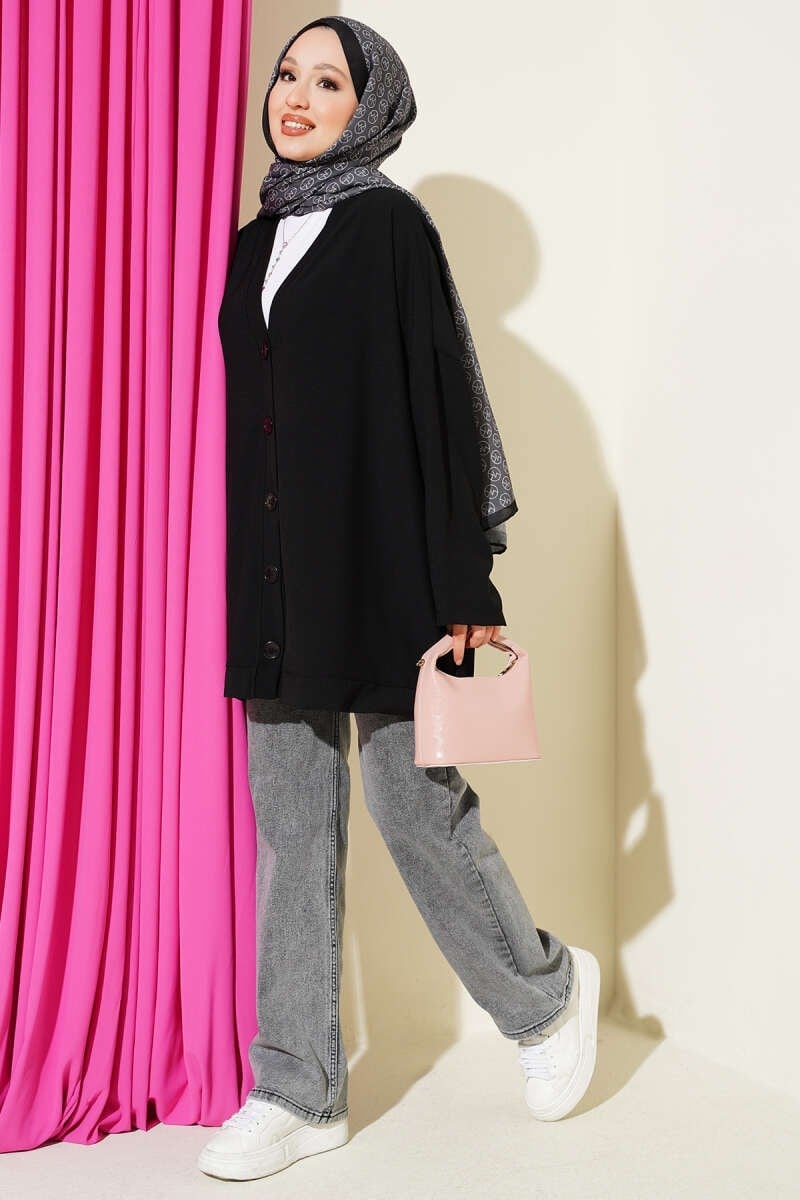 Basic Oversize Düğmeli Hırka Siyah