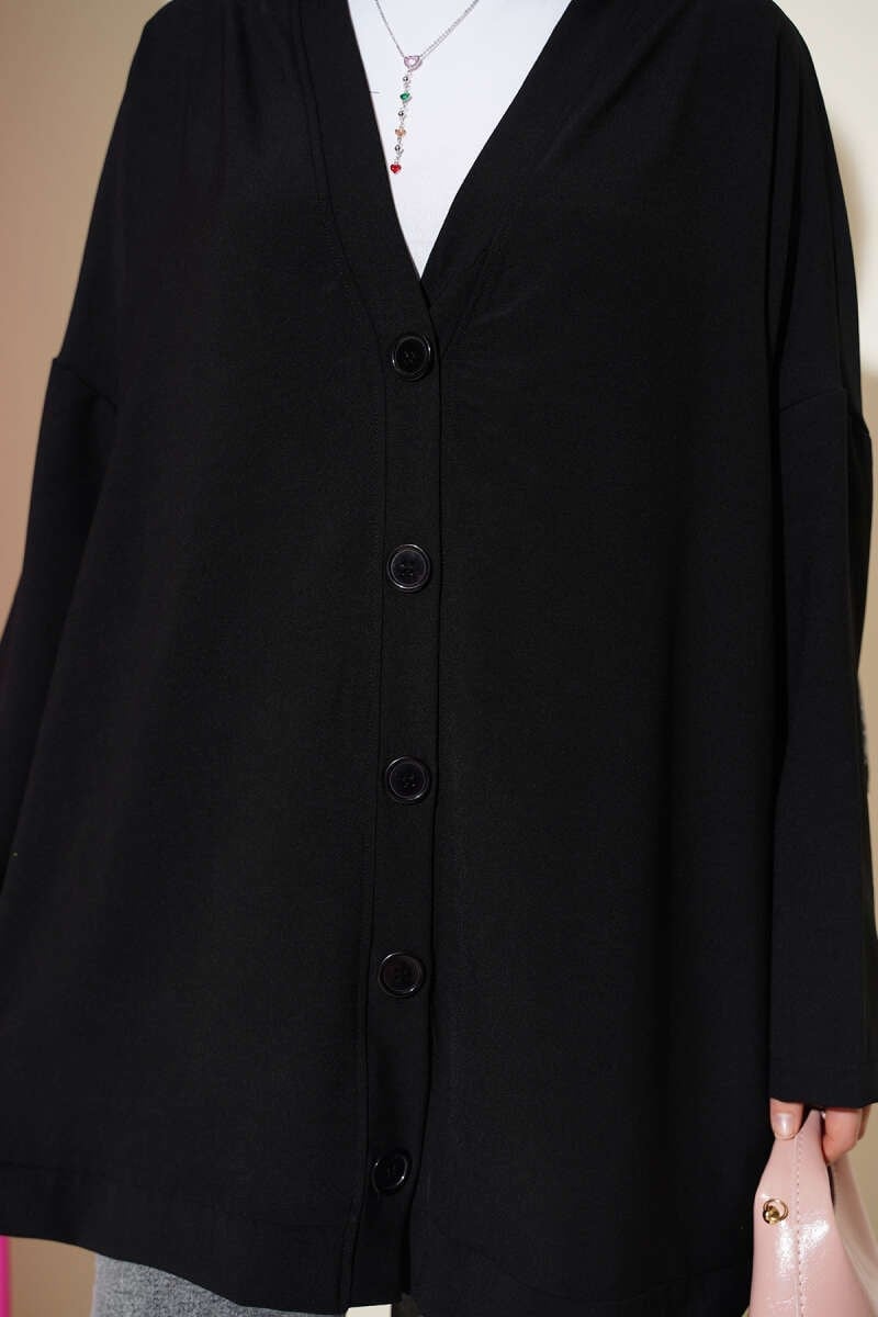 Basic Oversize Düğmeli Hırka Siyah