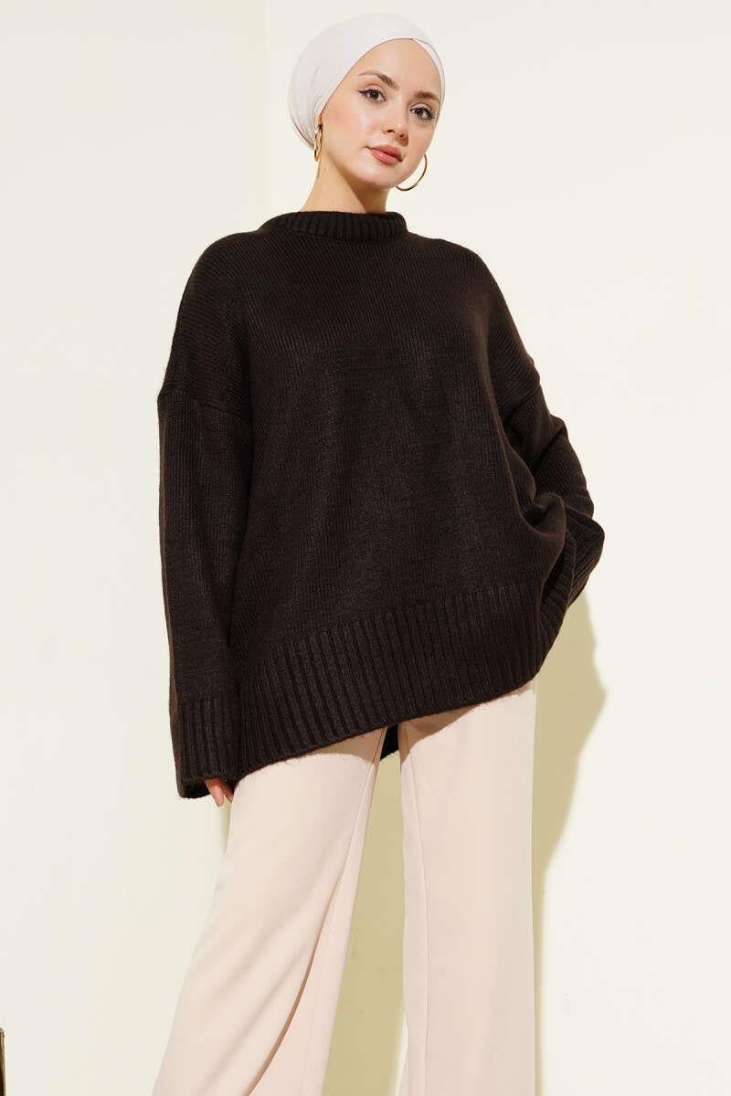 Basic Oversize Triko Tunik Acı Kahve