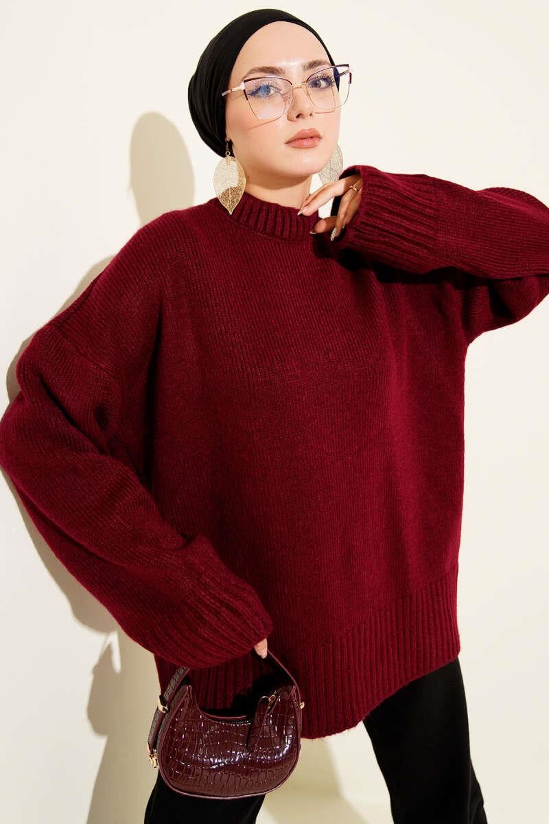 Basic Oversize Triko Tunik Açık Bordo