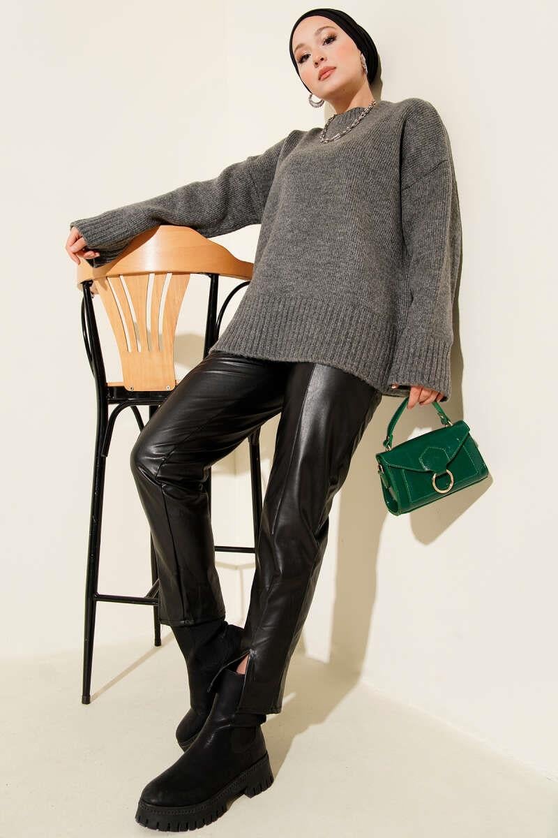Basic Oversize Triko Tunik Füme