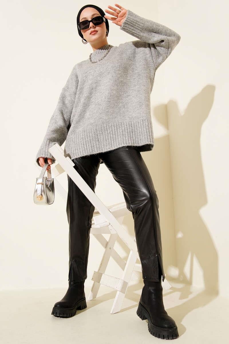 Basic Oversize Triko Tunik Gri