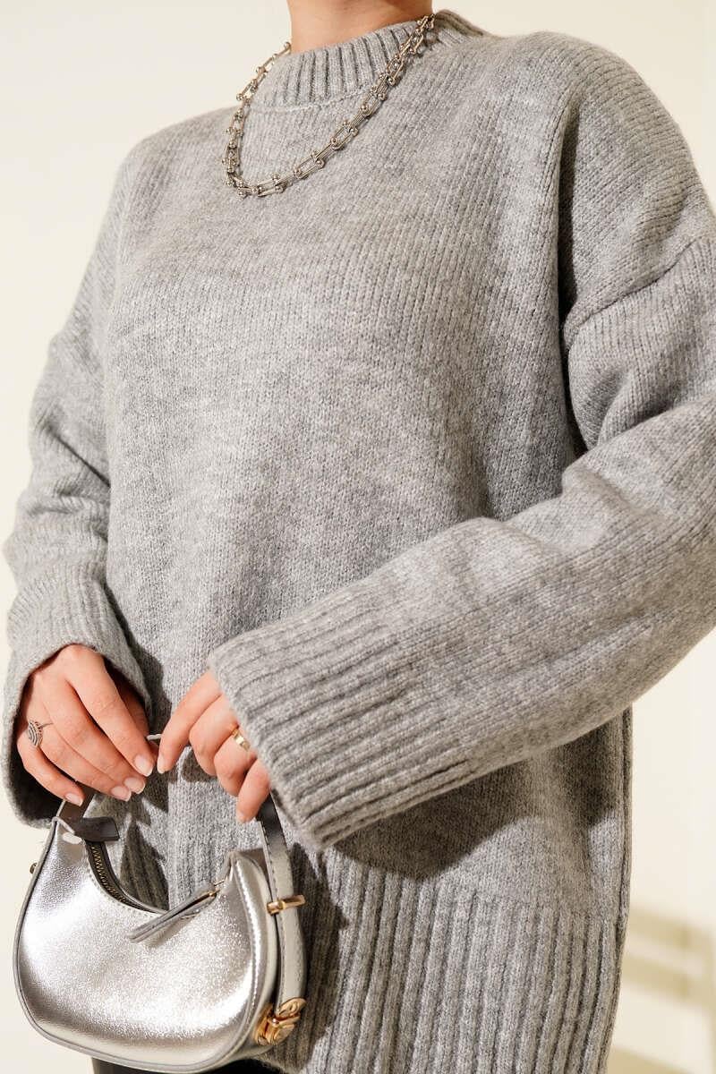 Basic Oversize Triko Tunik Gri