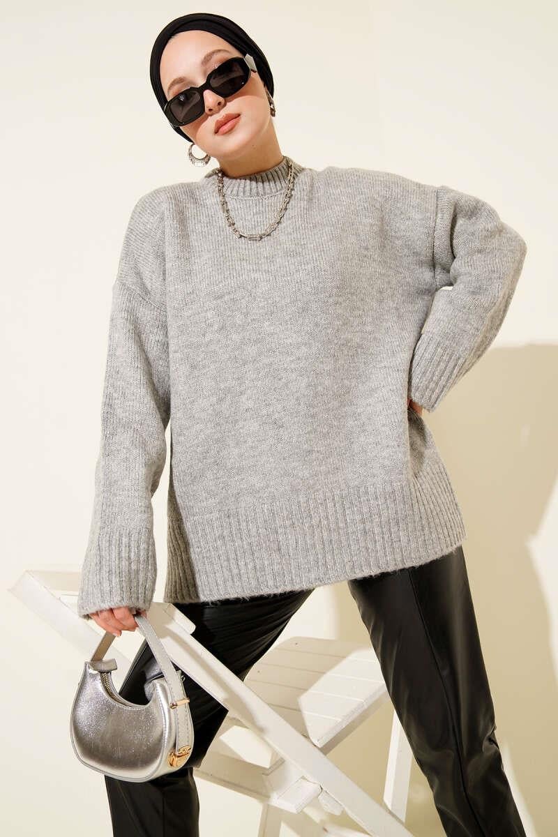 Basic Oversize Triko Tunik Gri
