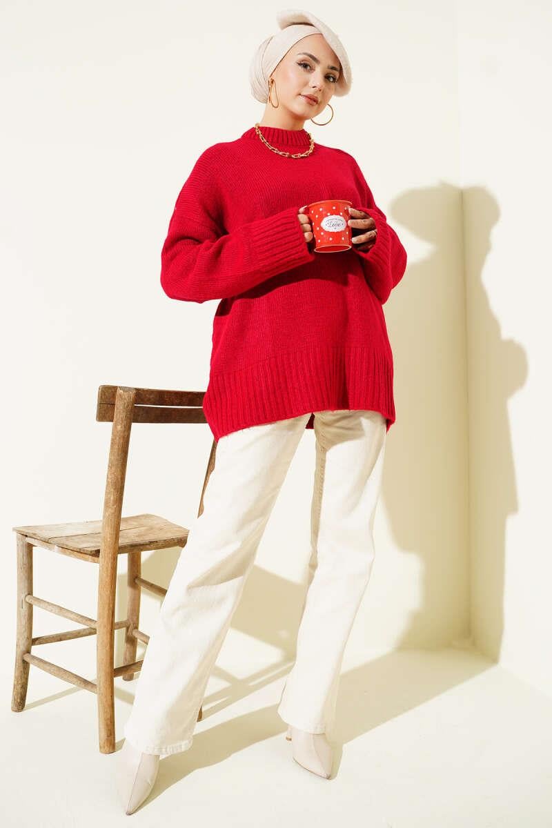 Basic Oversize Triko Tunik Kırmızı