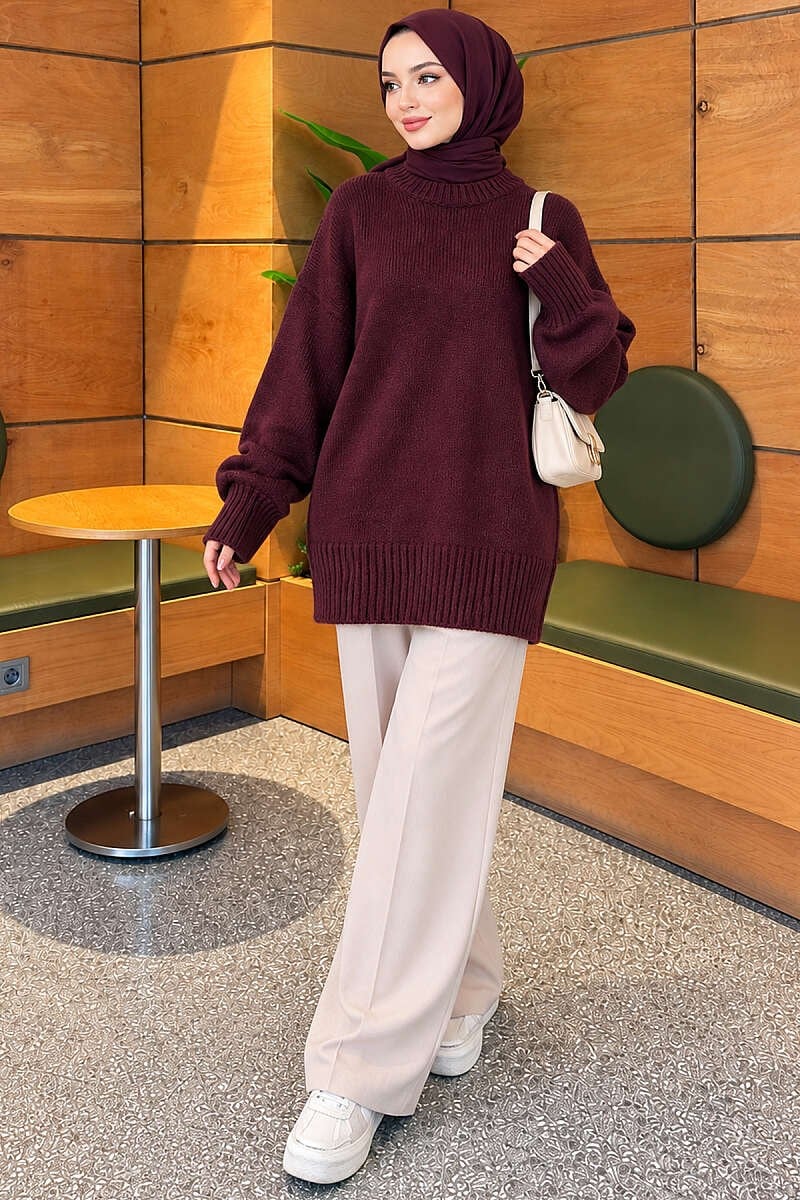 Basic Oversize Triko Tunik Mürdüm