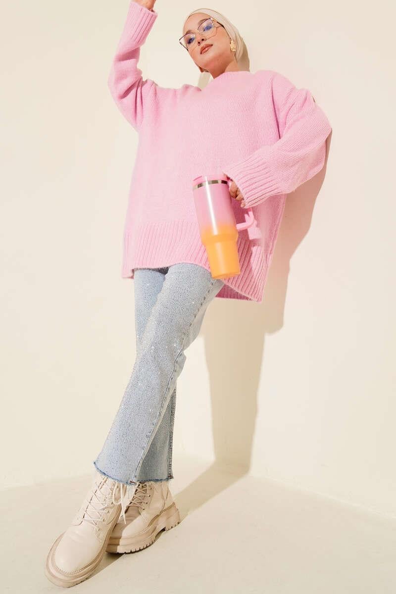Basic Oversize Triko Tunik Pembe